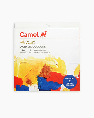 Camel  Artist  Acrylic  Colours  Assorted  pack  of  24  shades  in  9  ml,  1  shade  in  20  ml  with  Mediums  and  Brushes