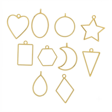 10 Pcs Assorted Open Metal Frame Pendants Bezels, Thick Hollow Pendant ( GOLD )